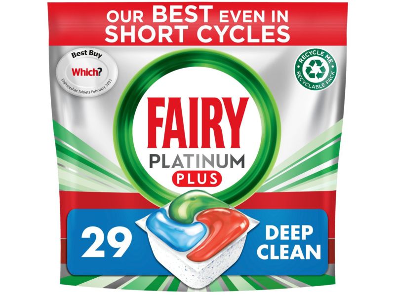 Fairy Platinum Plus Deep Clean Dishwasher tablets front view